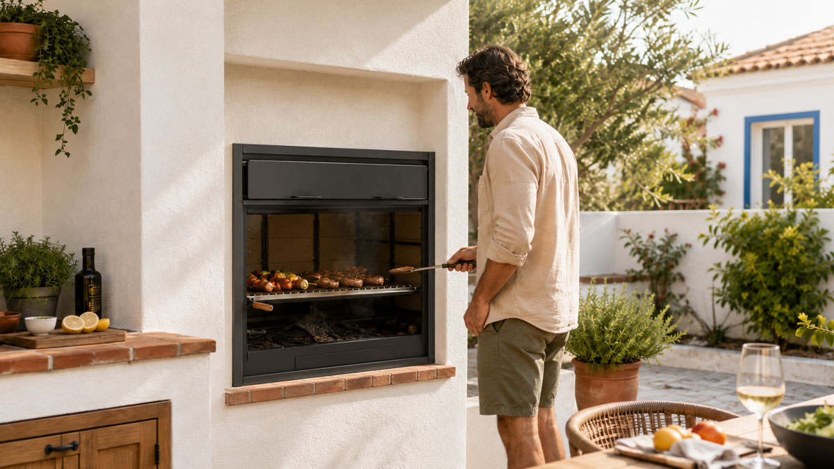 Barbecue encastrable intégré dans une cuisine extérieure au Portugal
