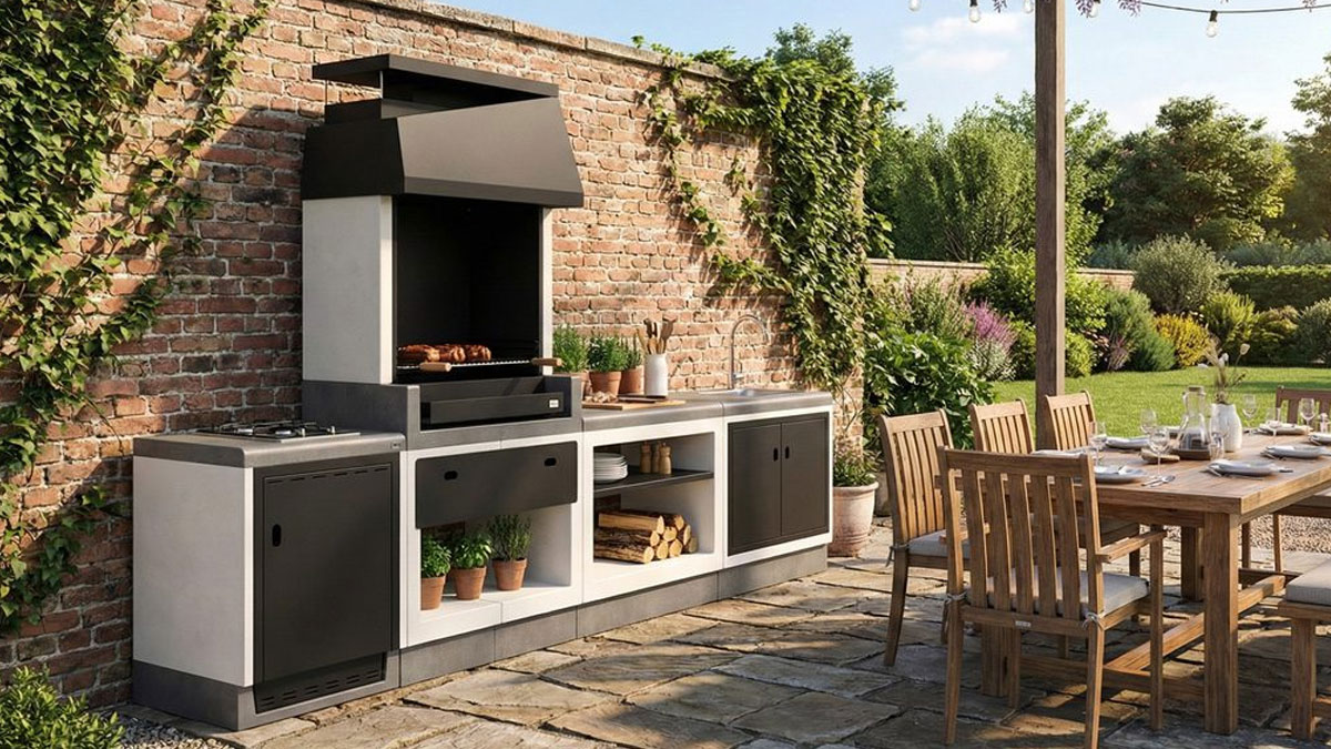 Barbecue fixe en béton installé dans un jardin au Portugal