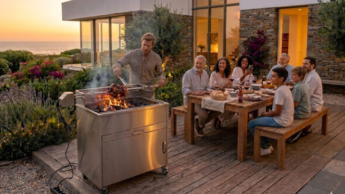 Barbecue inox avec moteur et tournebroche au Portugal
