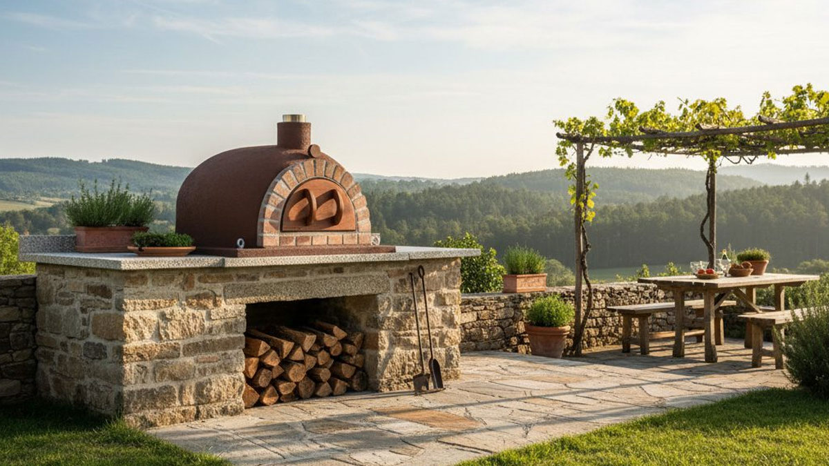 Four à bois installé dans une cuisine extérieure au Portugal